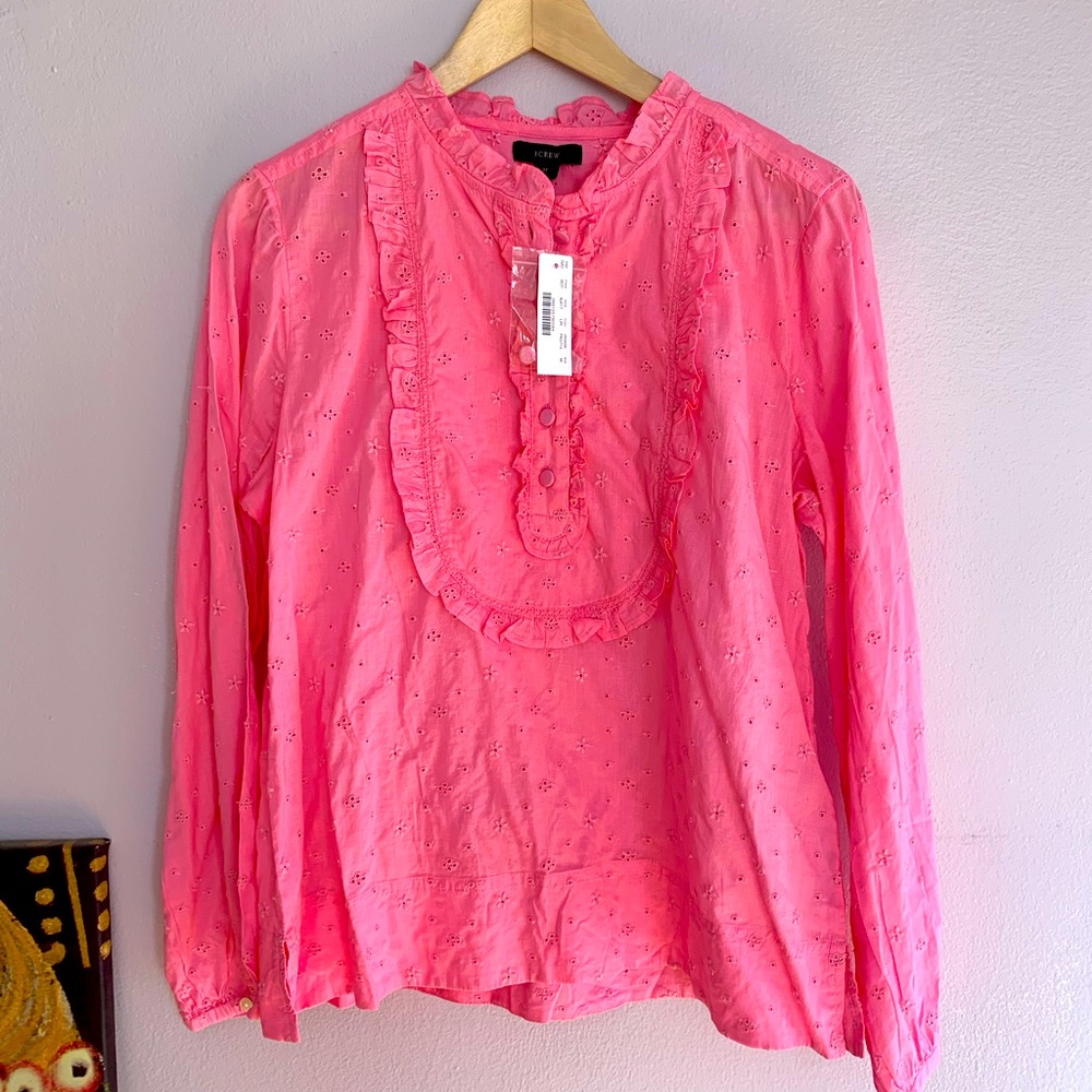 J Crew Larkspur Pink Ruffle Collar Long Sleeve Eyelet Blouse Size M